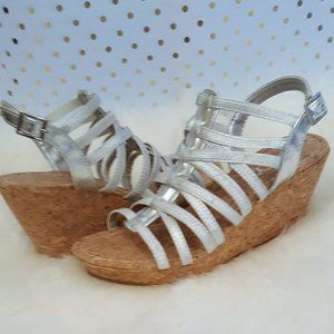 SUGAR Jurrasic Silver Strappy Sandals Cork Wedge 8